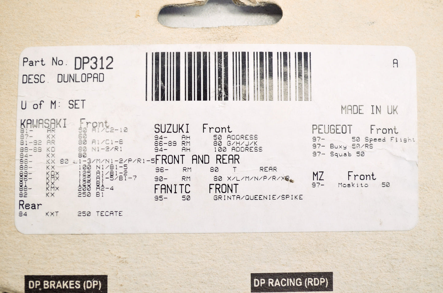 New DP Brakes Dunlopad Sintered Brake Pad Pair NOS
