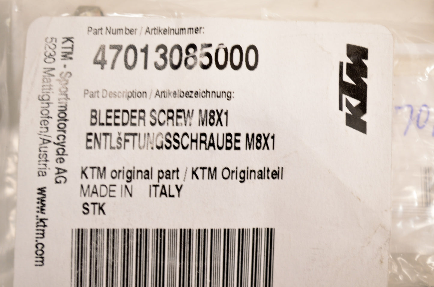 OEM KTM 47013085000 Bleeder Screw M8x1 NOS