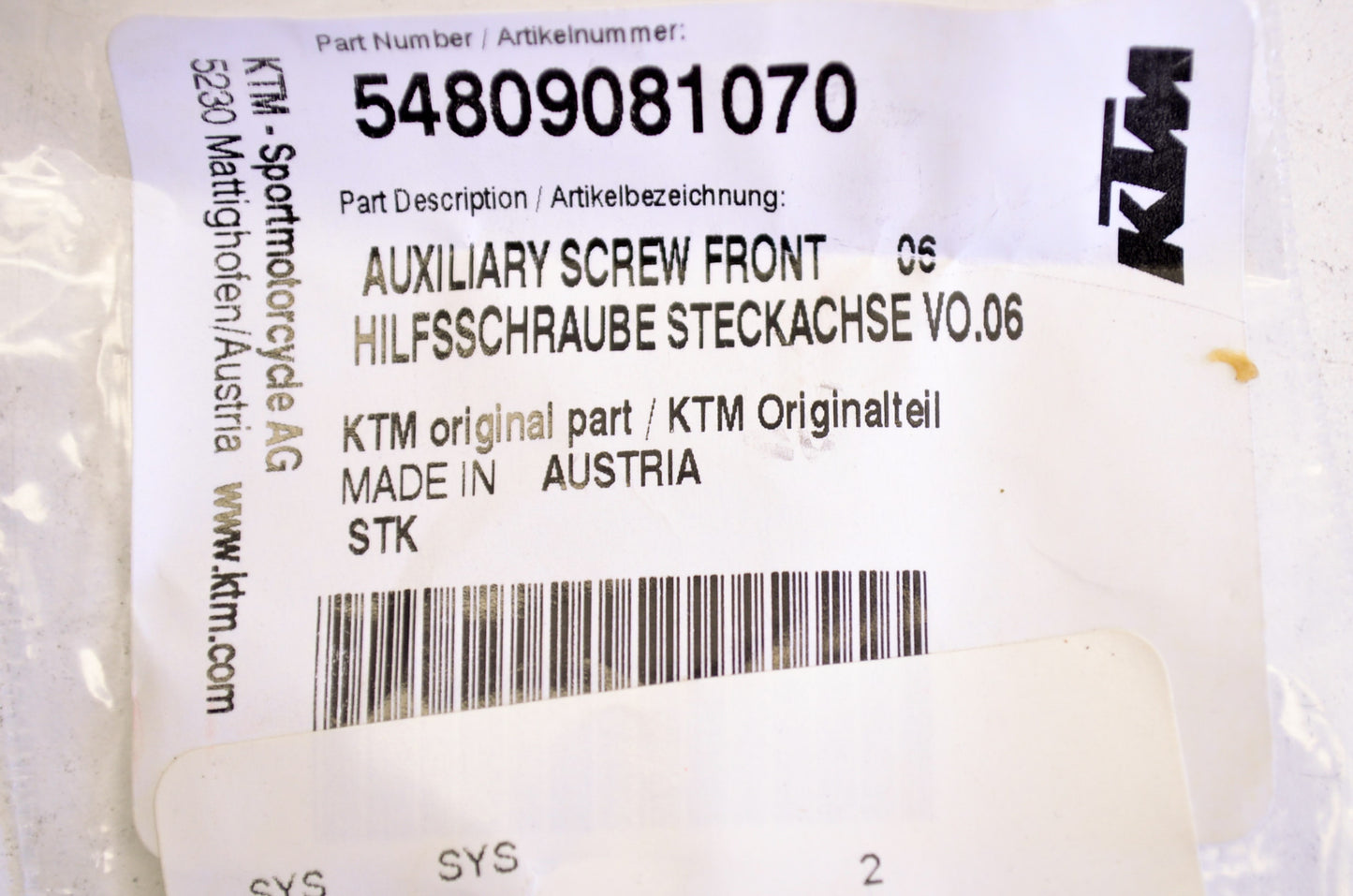 OEM KTM 54809081070 Front Auxiliary Screw NOS