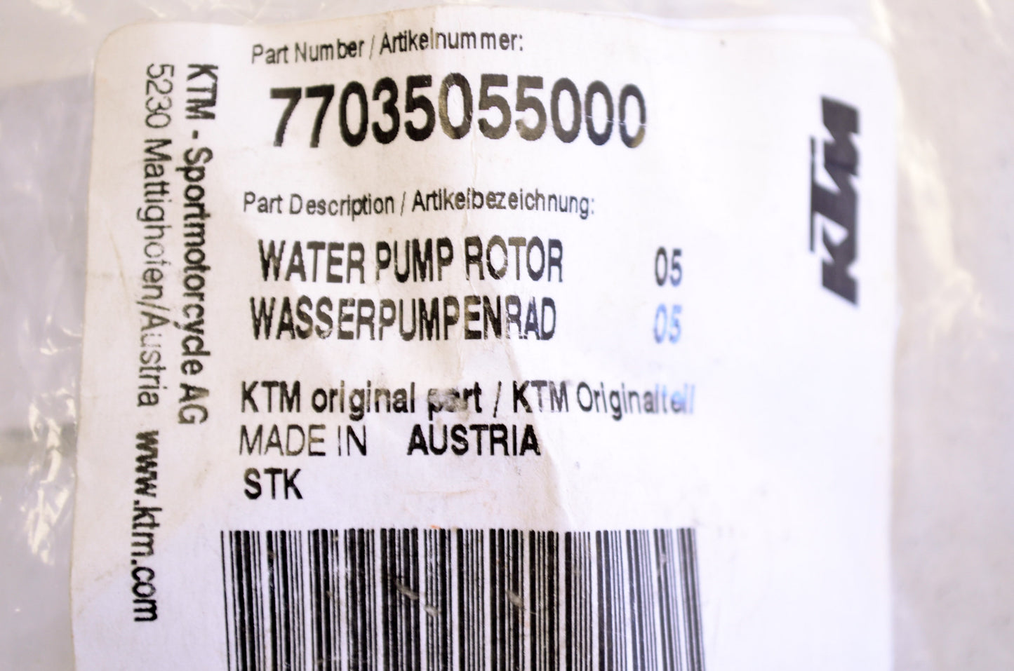 OEM KTM 77035055000 Water Pump Rotor NOS