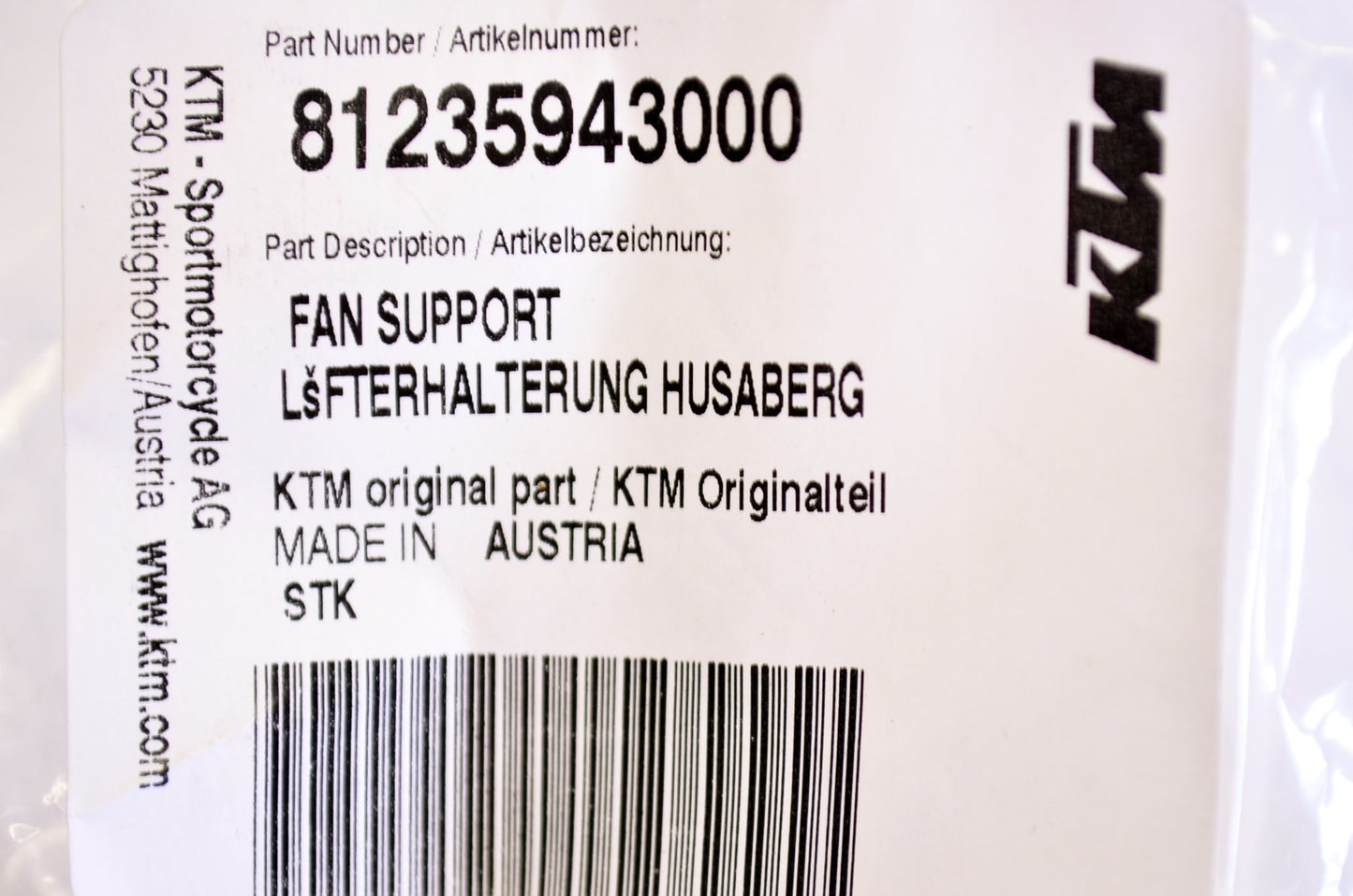OEM KTM 81235943000 Support Fan NOS