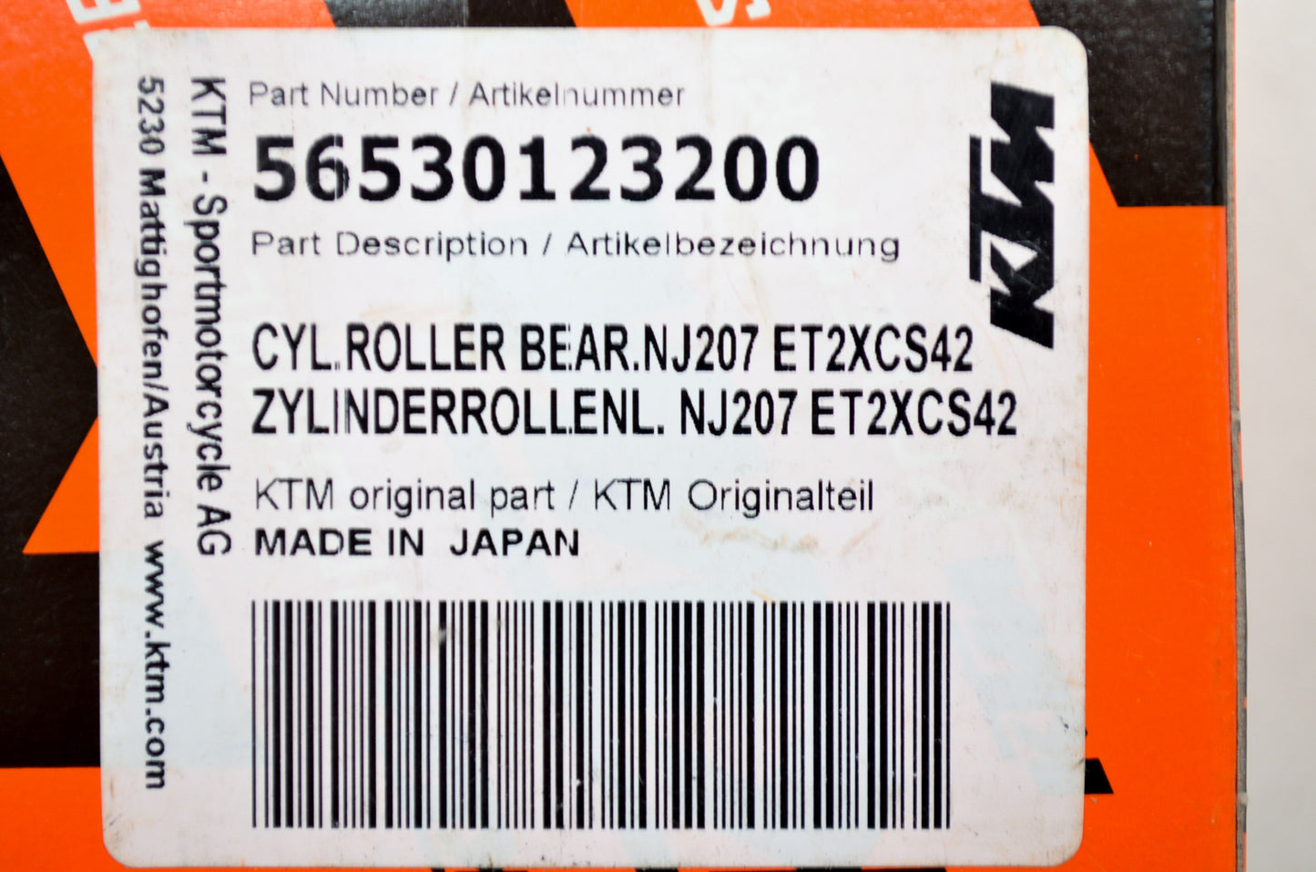 OEM KTM 56530123200 Cylinder Roller Bearing NJ207ET2XCS42 NOS