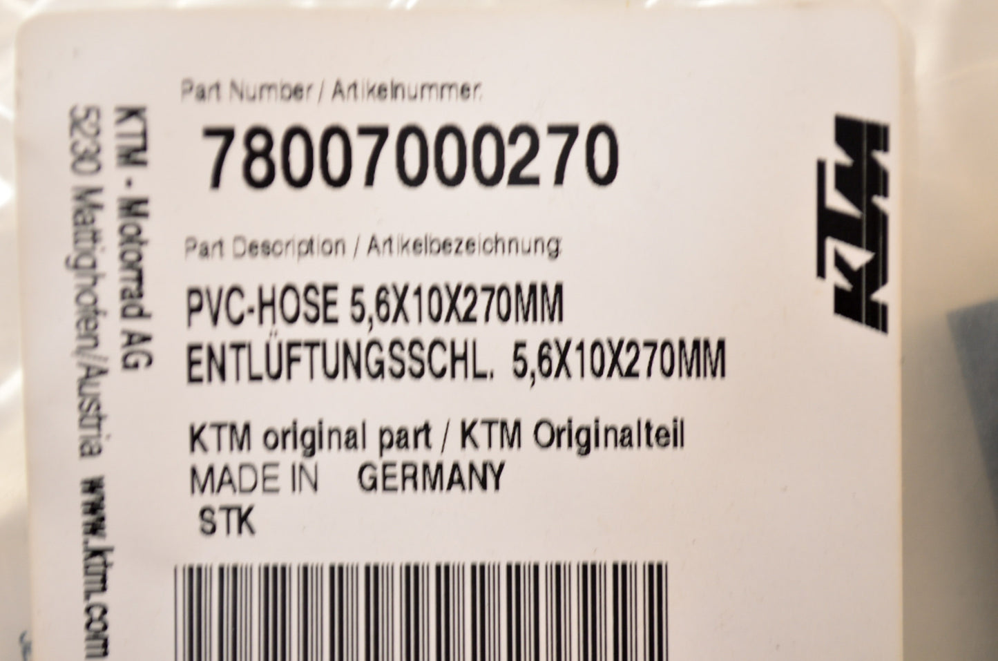 OEM KTM 78007000270 PVC Hose 5.6x10x270mm NOS