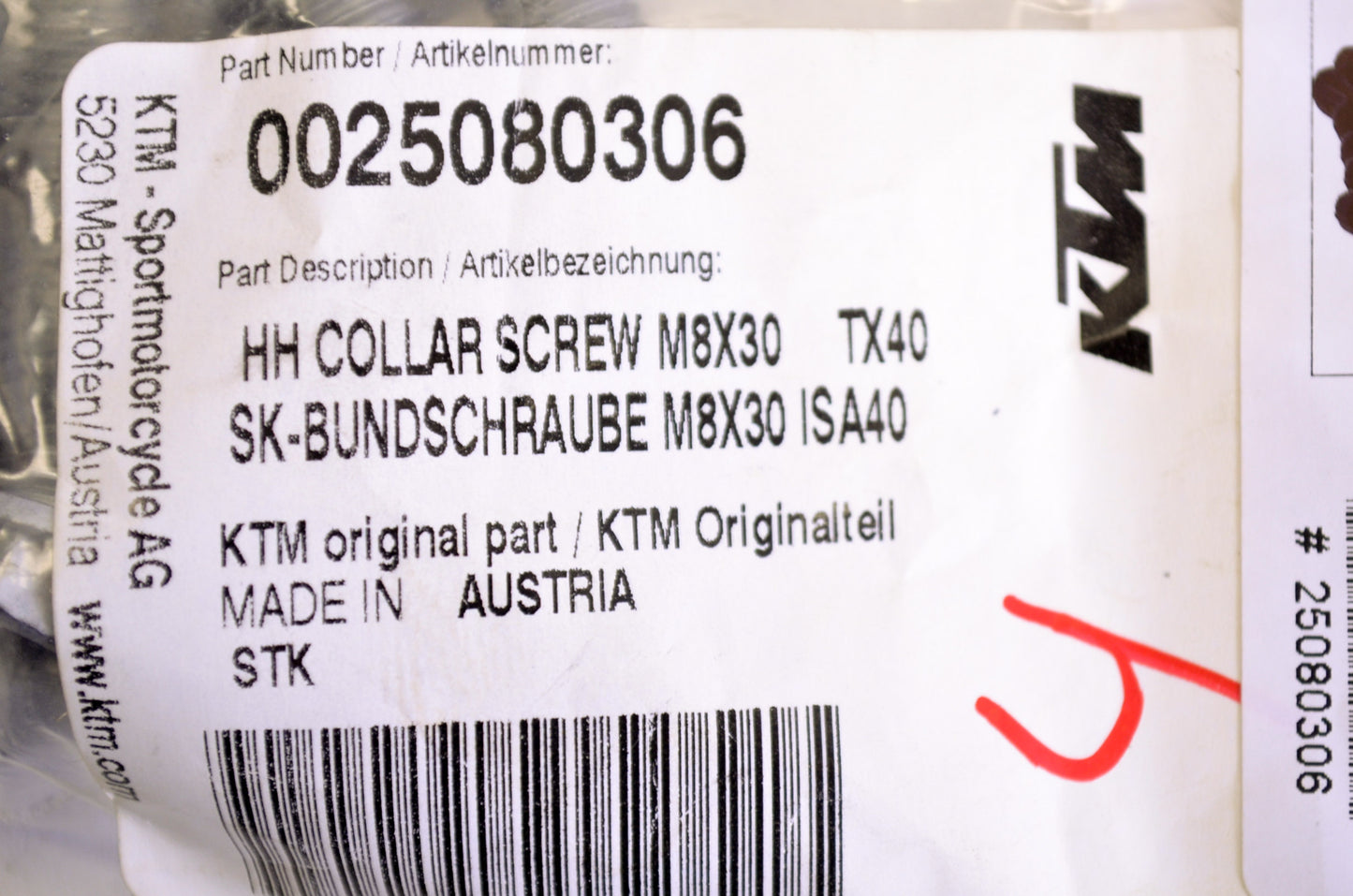 OEM KTM 25080306 Hex Head Collar Screw M8X30 TX40 NOS