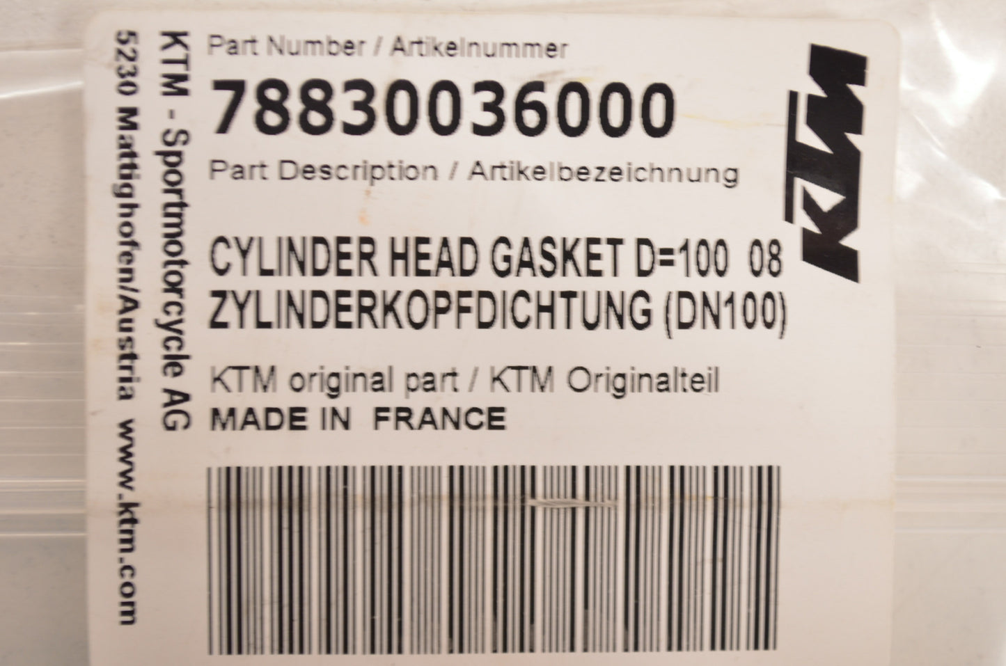 OEM KTM 78830036000 Cylinder Head Gasket D=100 NOS