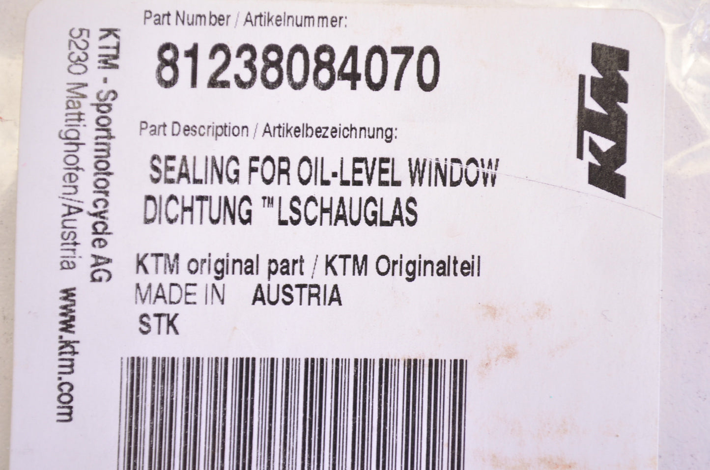OEM KTM 81238084070 Oil Level Window Gasket NOS