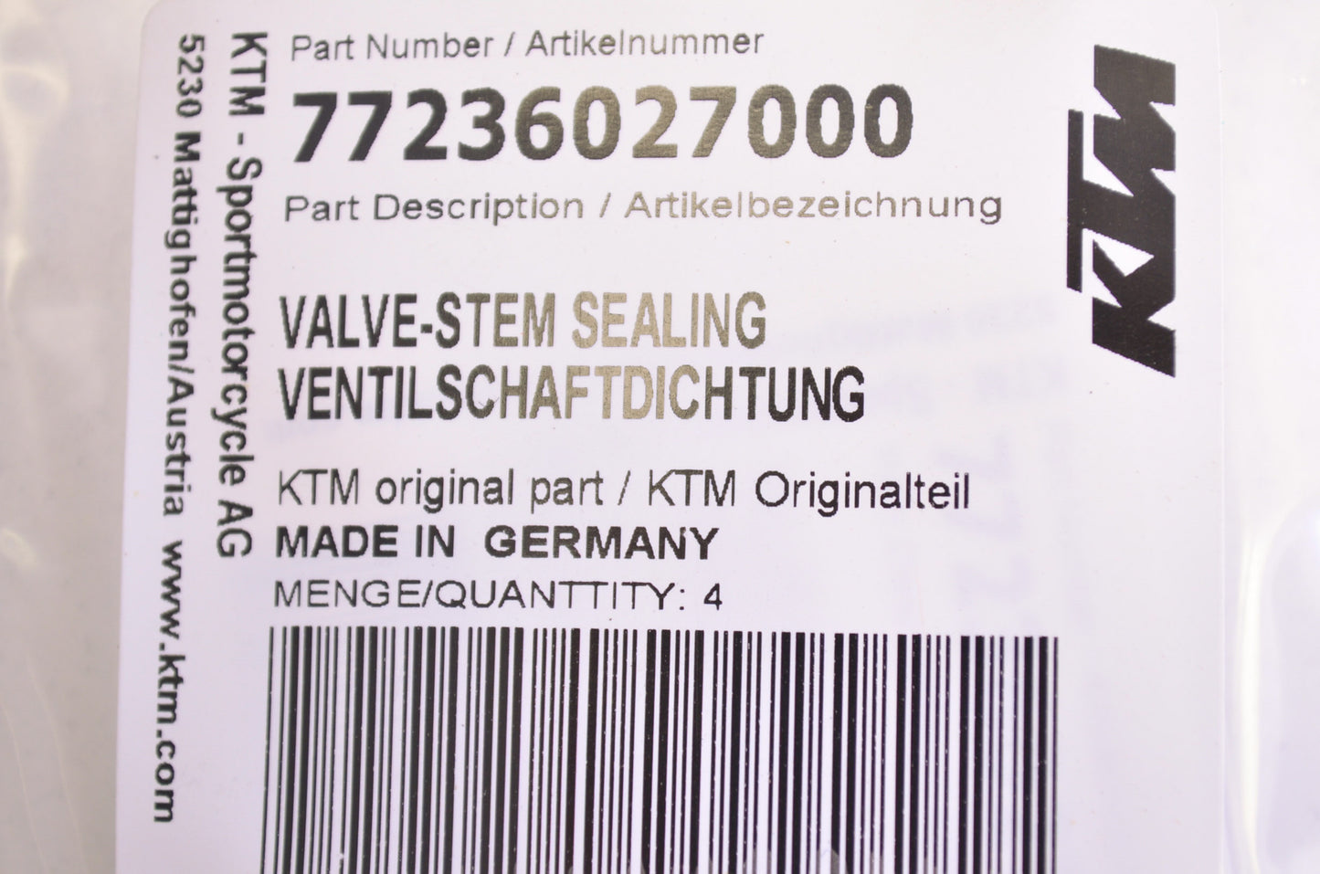 OEM KTM 77236027000 Stem Sealing Valve