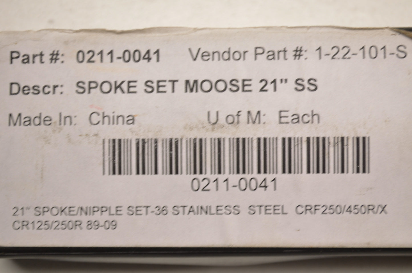 Stainless Steel Spoke Kit 21' 89-09 CRF250/450R/X, CR125/250R. NOS