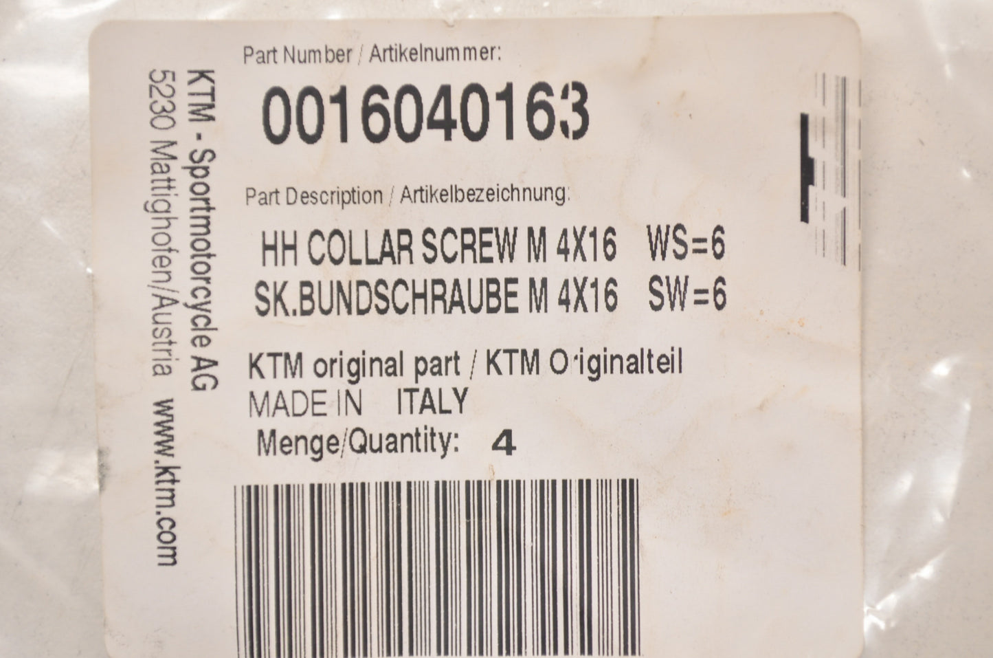 OEM KTM 16040163 Hex Head Collar Screw M4X16 WS=6 NOS