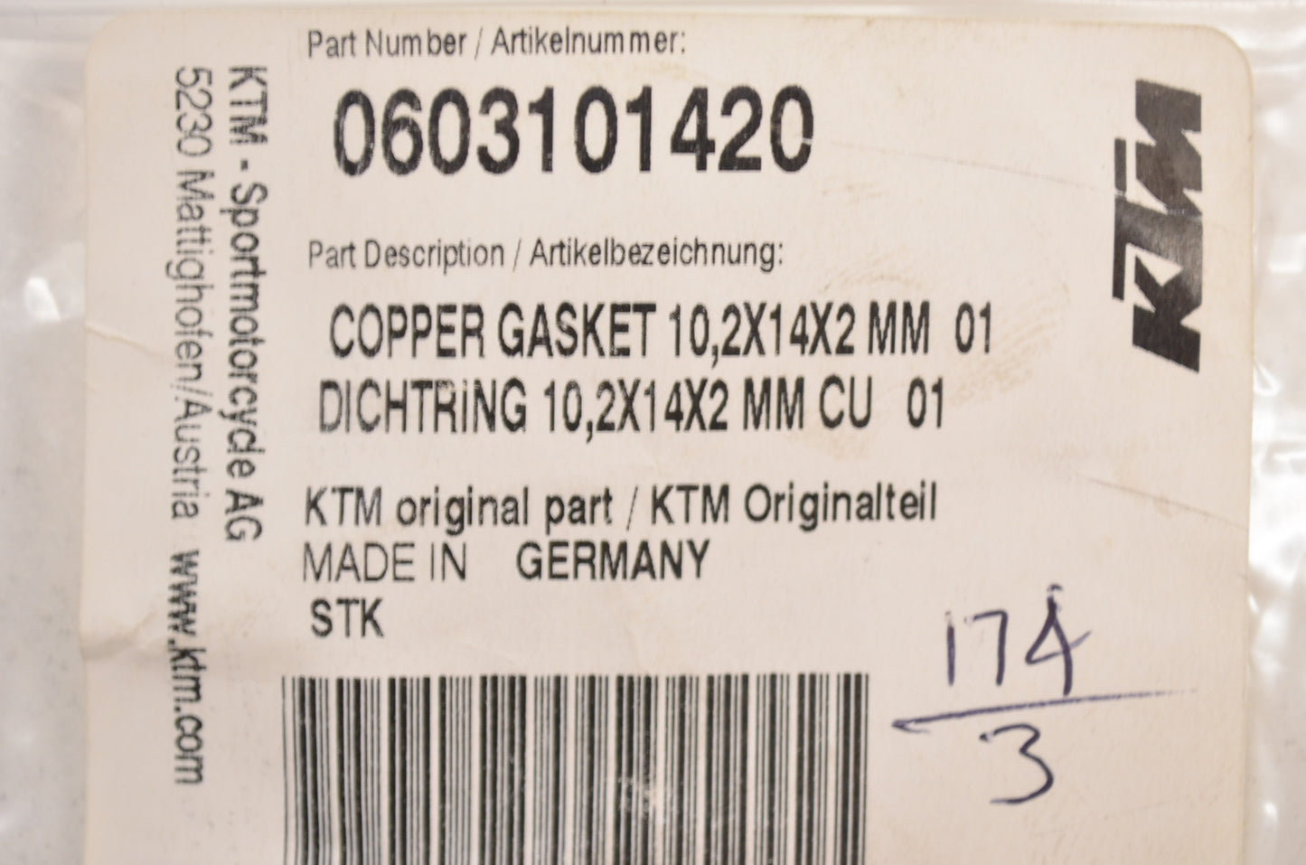 OEM KTM 603101420 Copper Gasket 10.2x14x2 NOS
