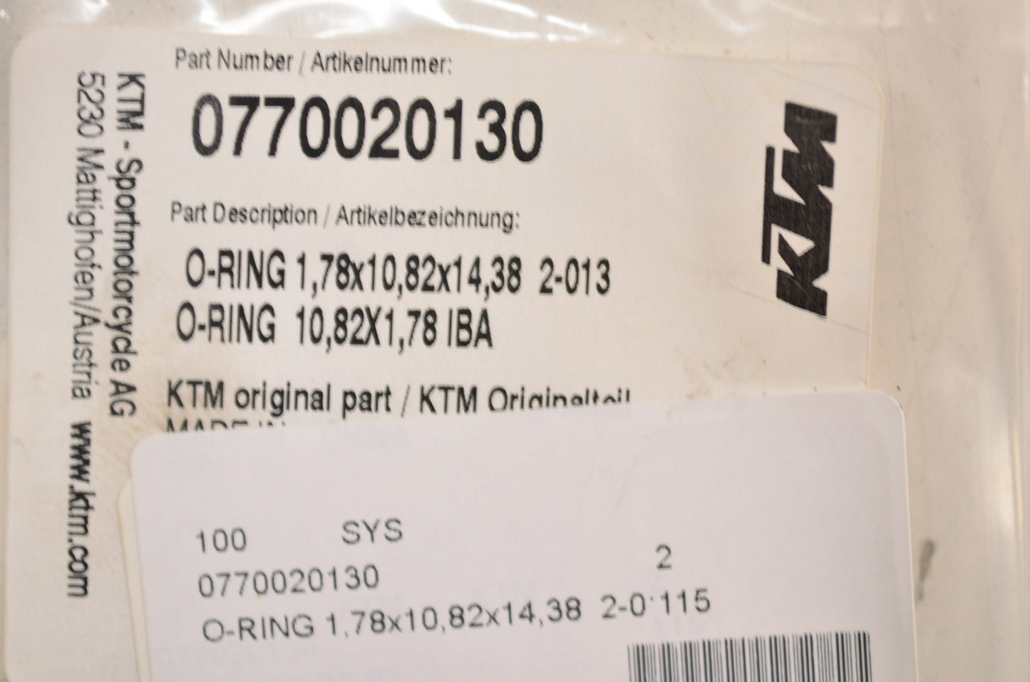 OEM KTM 770020130 O-Ring 1.78x10.82x14.38 NOS