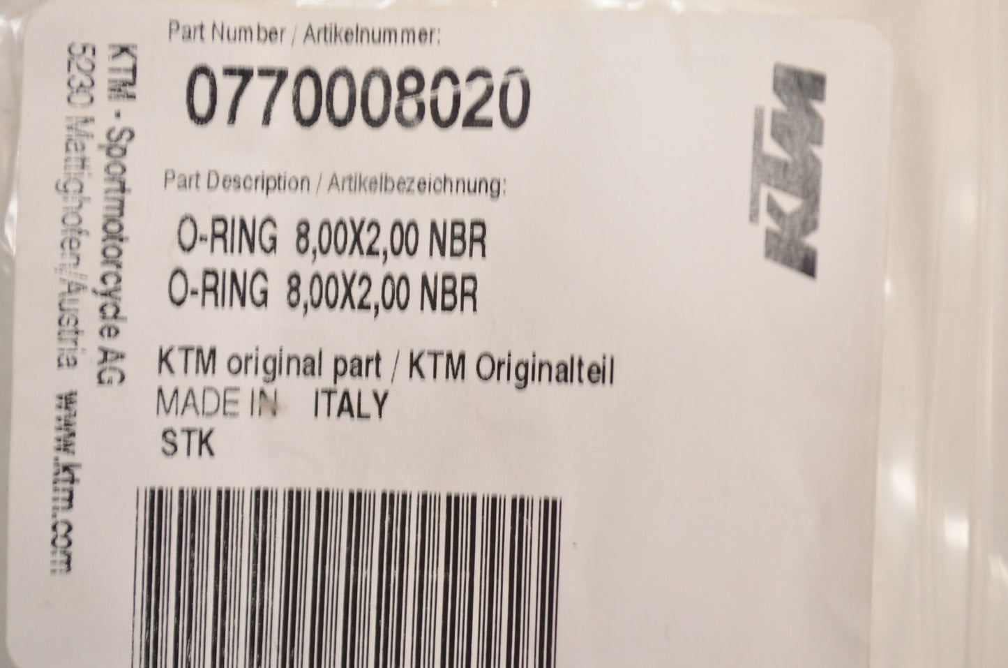 OEM KTM 770008020 O-Ring 8.00X2.00 NBR NOS
