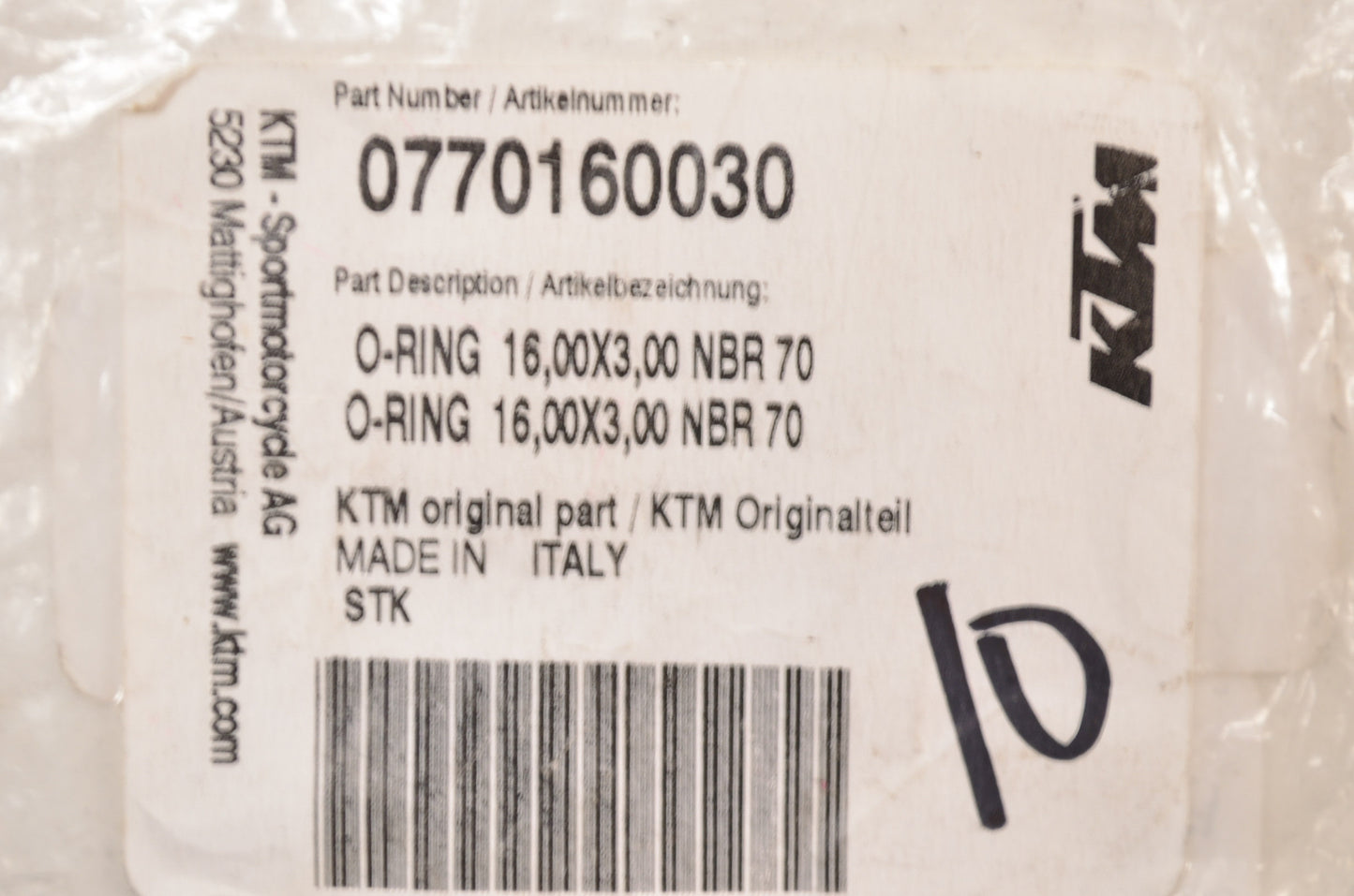 OEM KTM 770160030 O-Ring 16.00X3.00 NBR70 Qty 2 NOS