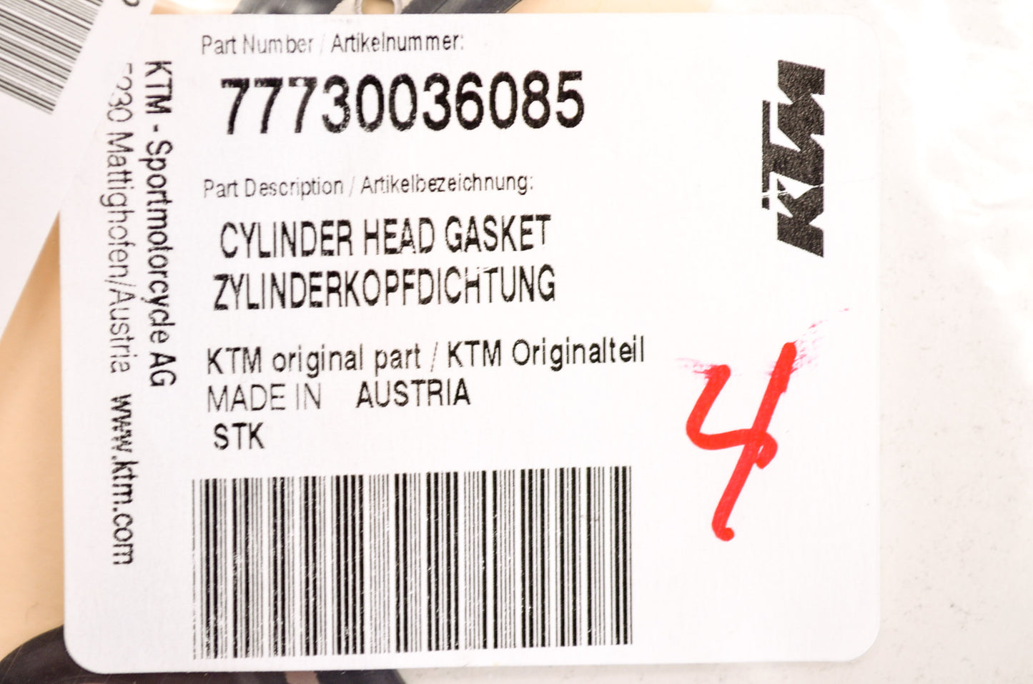 OEM KTM 77730036085 Cylinder Head Gasket NOS