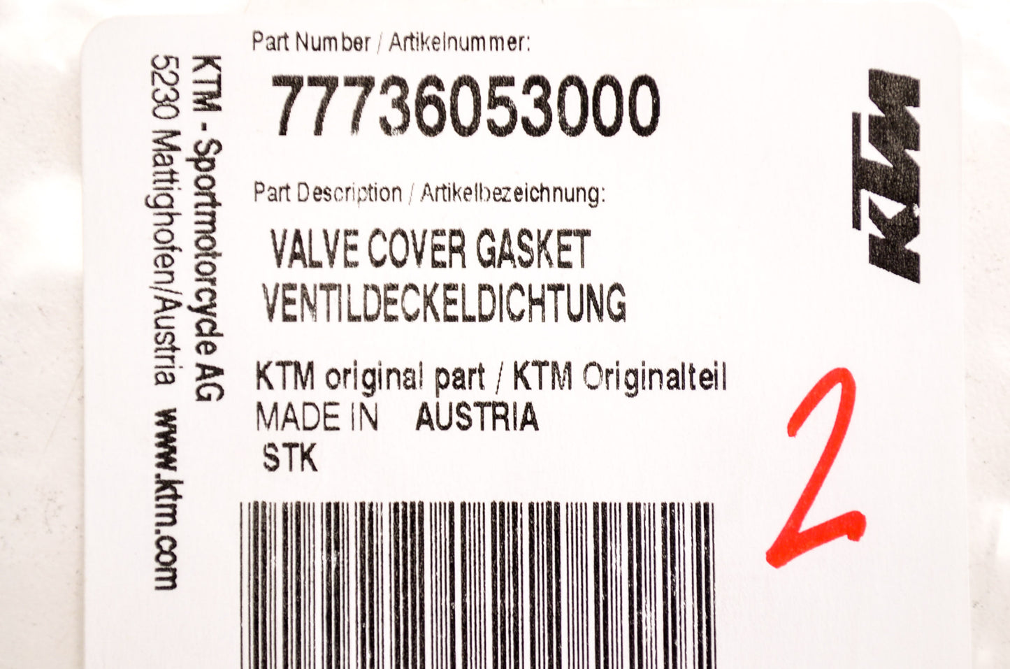 OEM KTM 77736053000 Valve Cover Gasket NOS