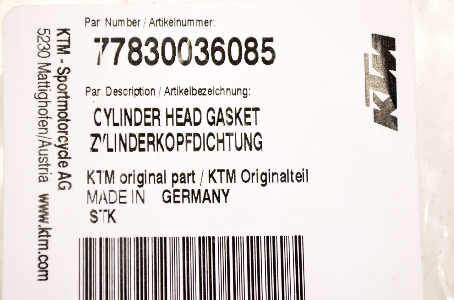 OEM KTM 77830036085 Cylinder Head Gasket NOS
