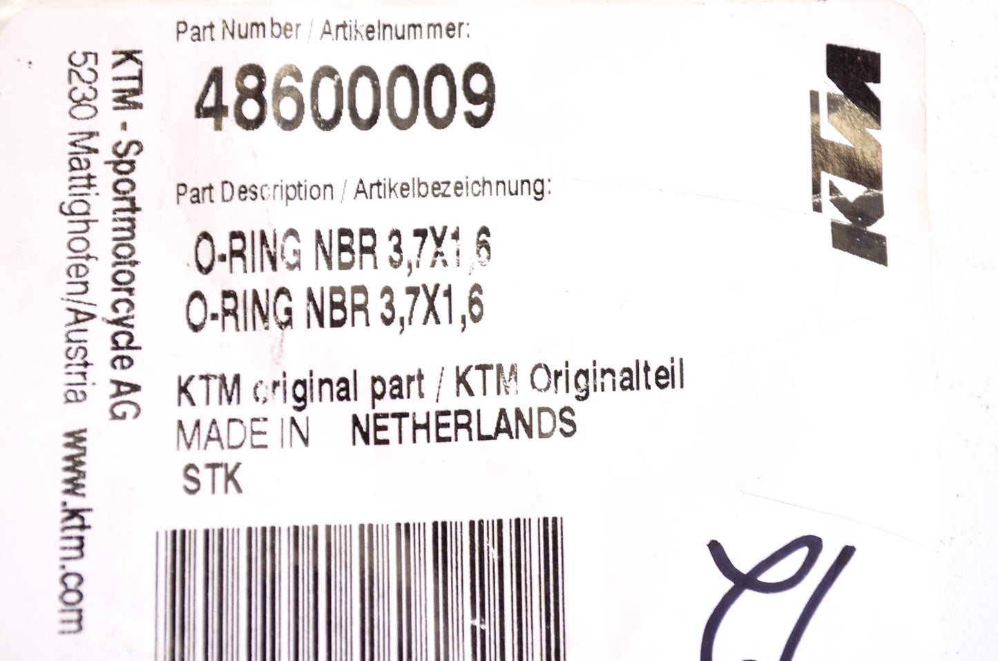 OEM KTM 48600009 O-Ring NBR 3.7X1.6 Qty 2 NOS