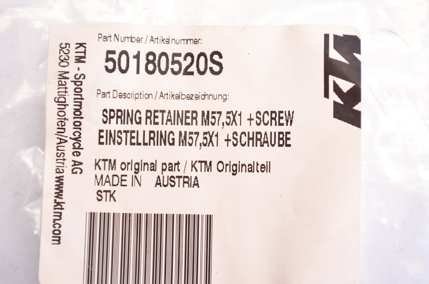 OEM KTM 50180520S Spring Retainer w/ Screw 57.5 x 1 NOS