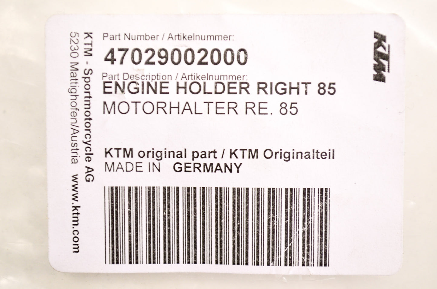 OEM KTM 47029002000 Right Engine Holder NOS