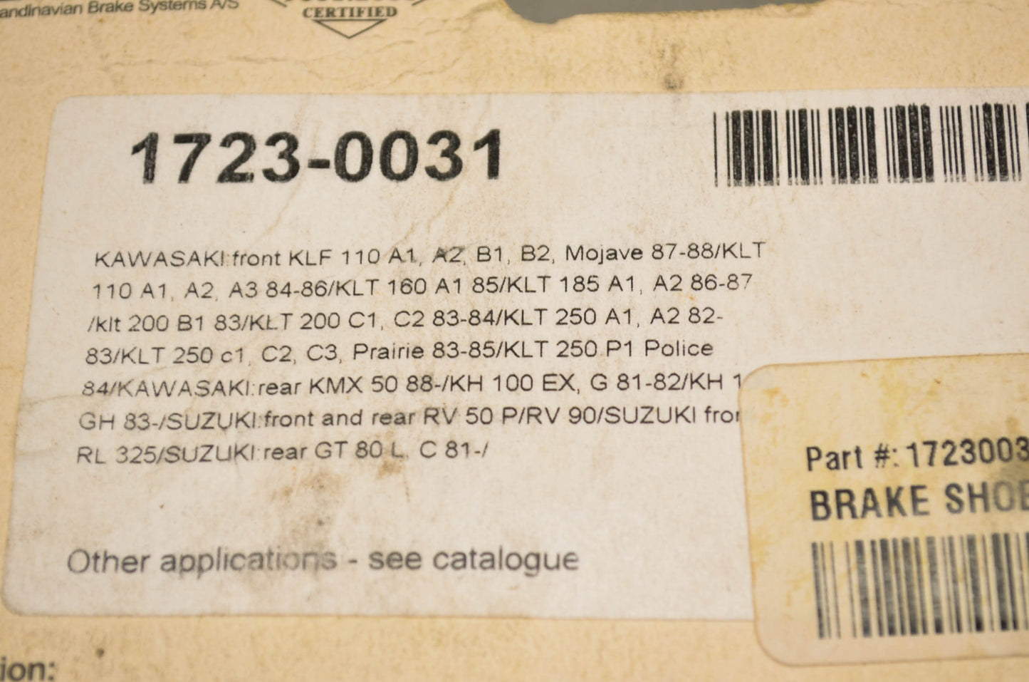 Parts Unlimited 1723-0031, 2015 SBS Organic Brake Shoe Kit NOS