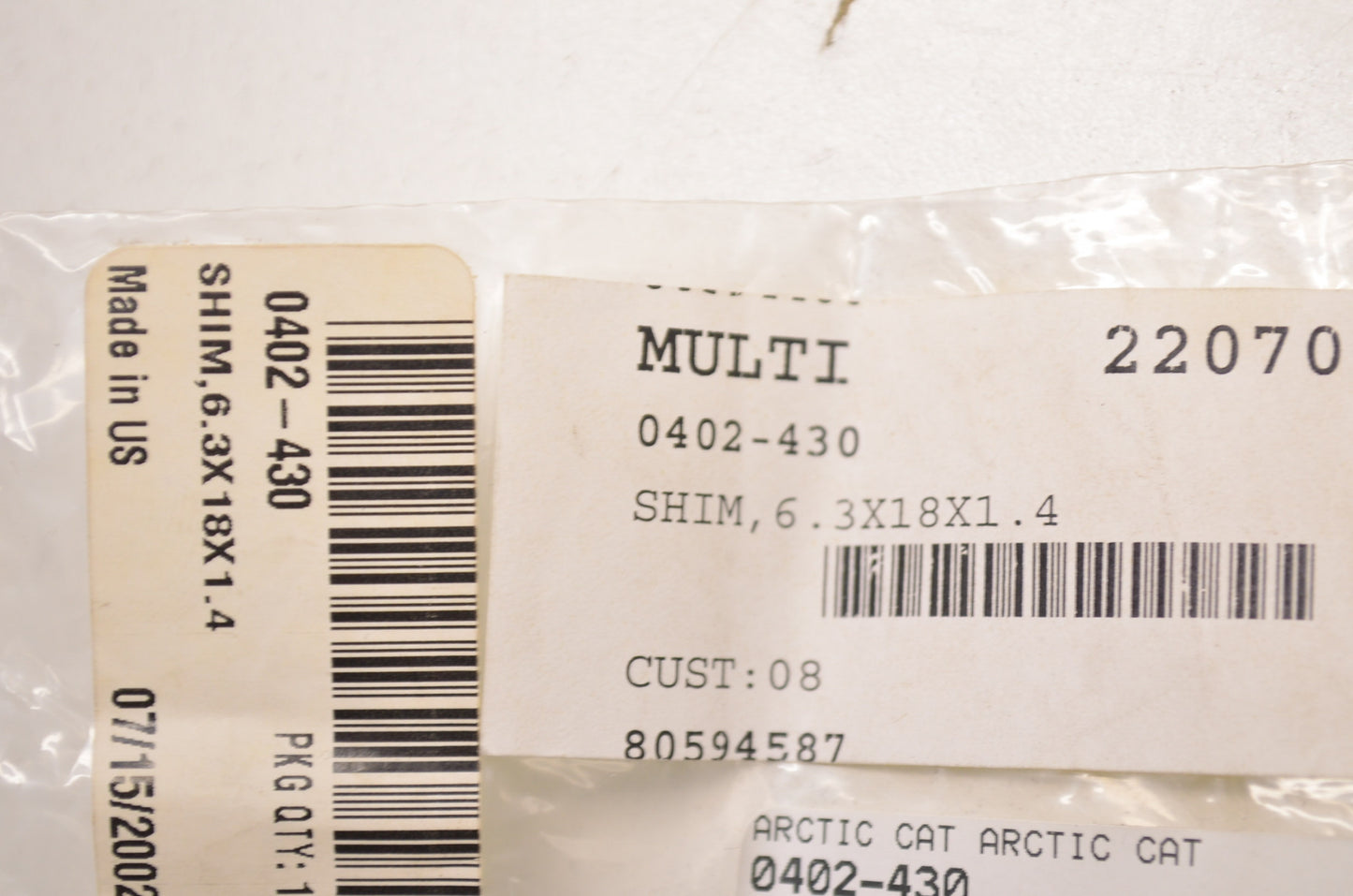 OEM Arctic Cat 0402-430 Shim 6.3X18X1.4 NOS
