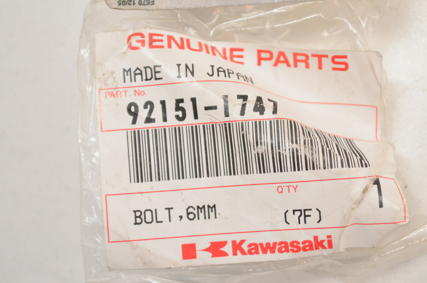 OEM Kawasaki 92151-1747 Bolt 6MM NOS