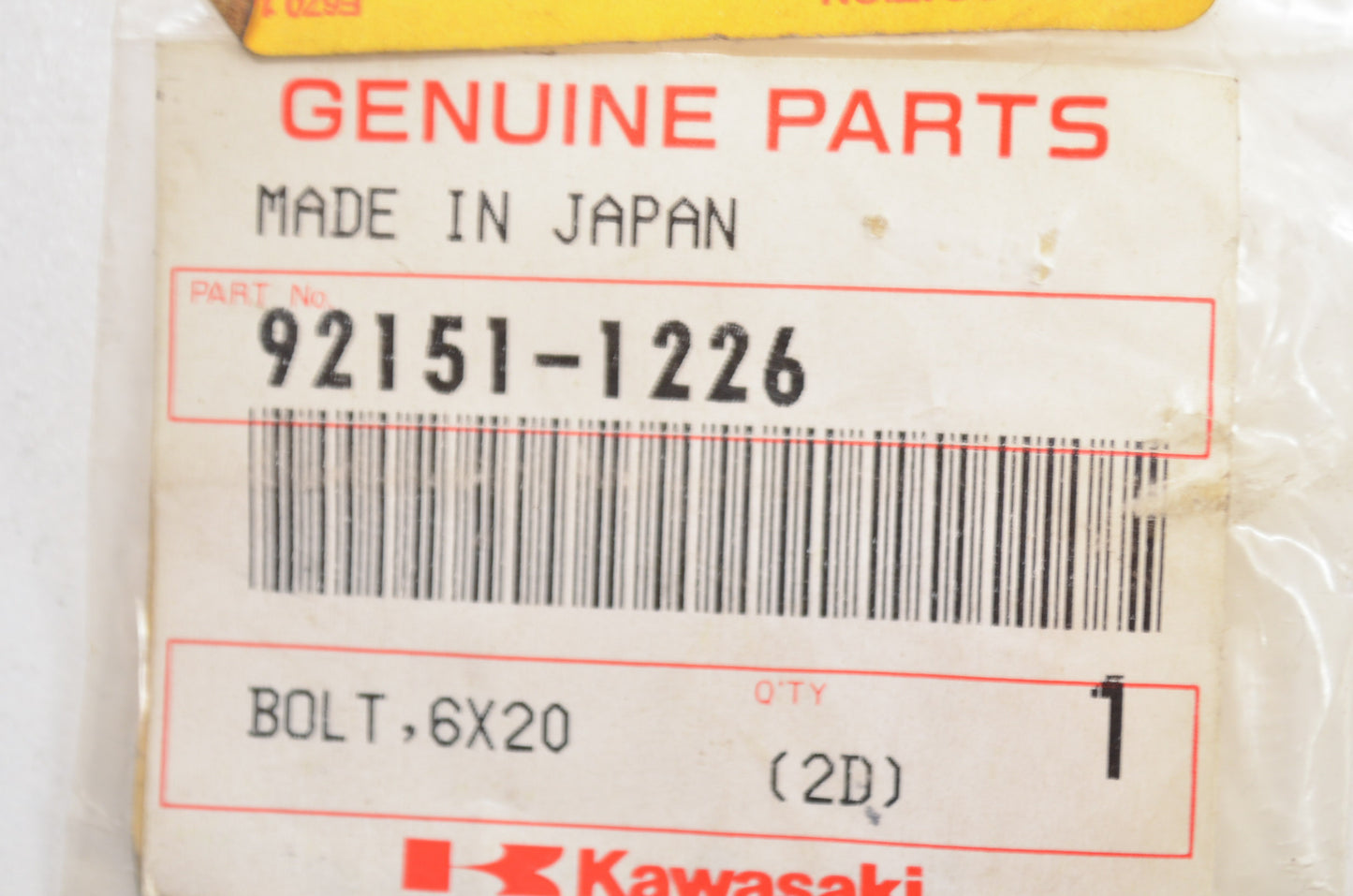OEM Kawasaki 92151-1226 Bolt 6X20 NOS