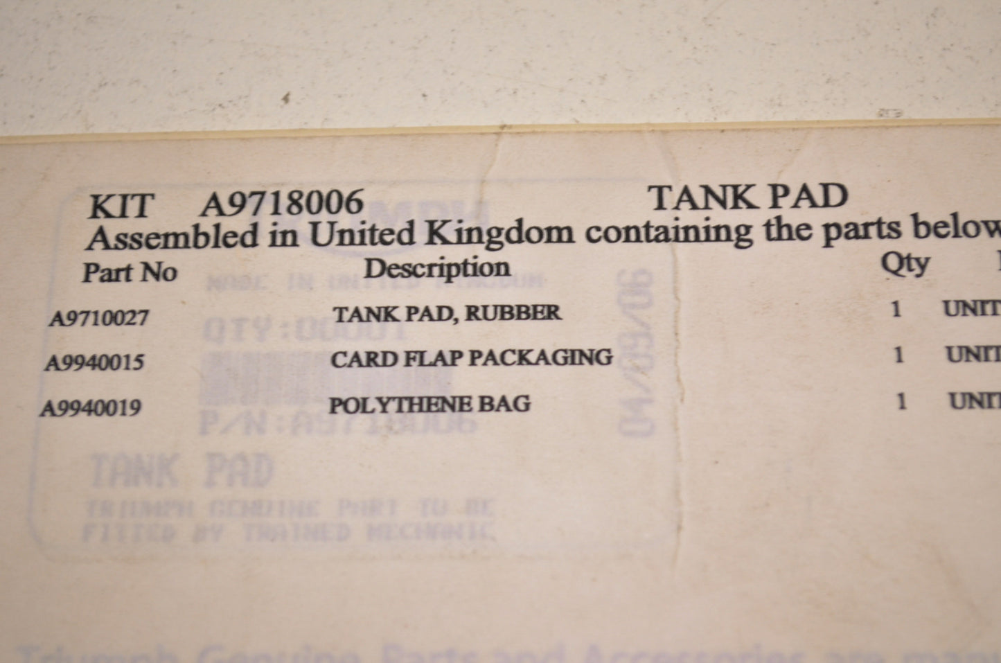 New OEM Triumph Rubber Tank Pad NOS