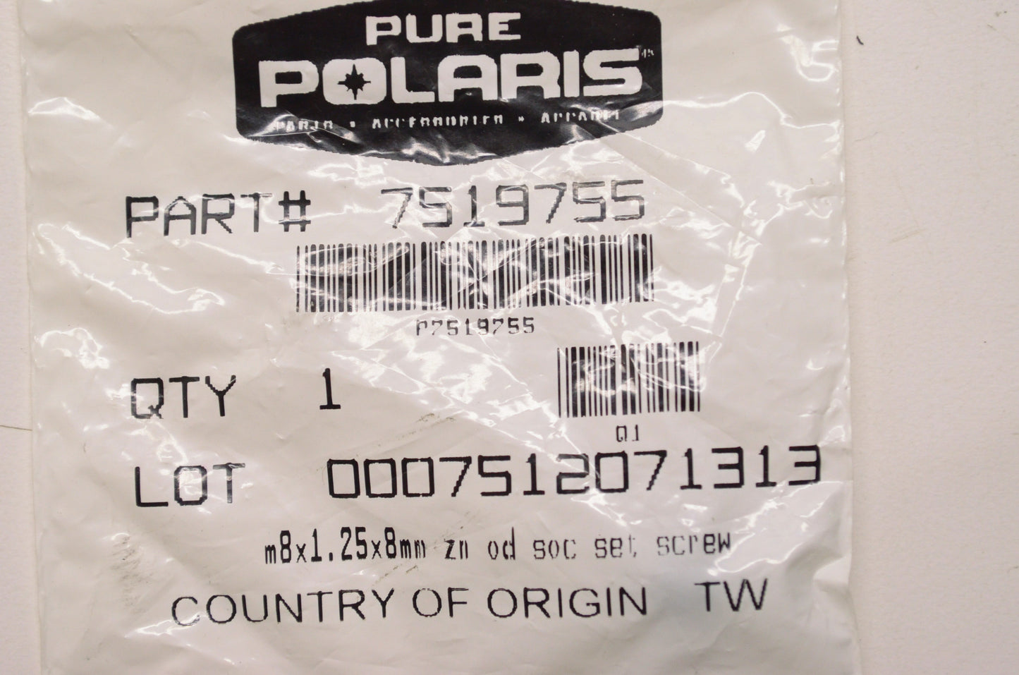 OEM Polaris 7519755 Screw M8X1.25X8 8.8 NOS