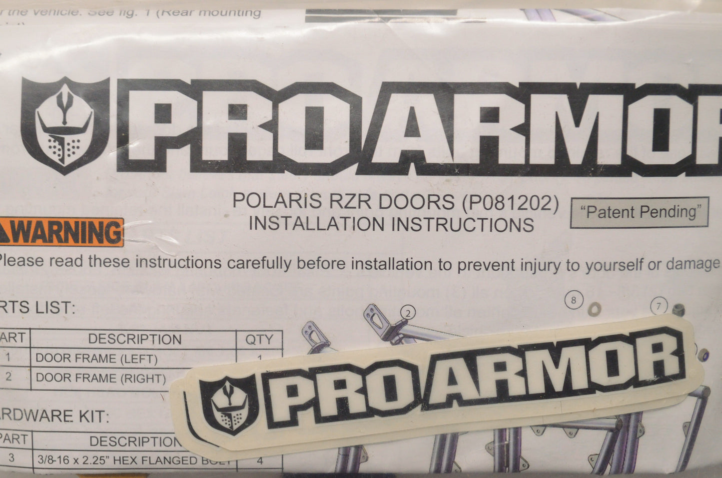 Pro Armor P081202 Aluminum Doors Solid Panel 08-12 Polaris RZR800 NOS