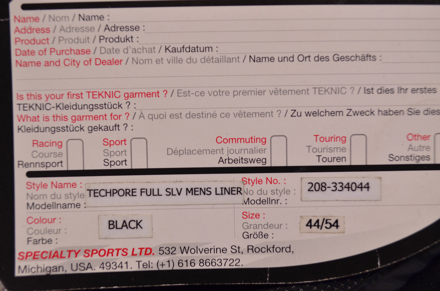 New Teknic Techpore Black Waterproof Jacket Liner Large Size 44 NOS