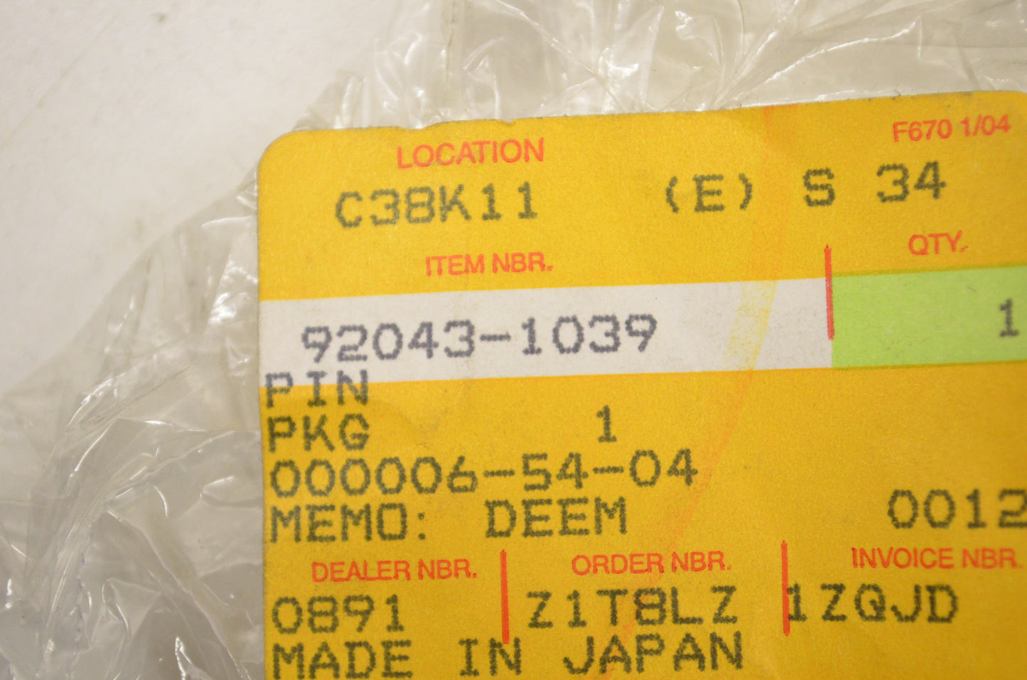 OEM Kawasaki 92043-1039 Pin NOS