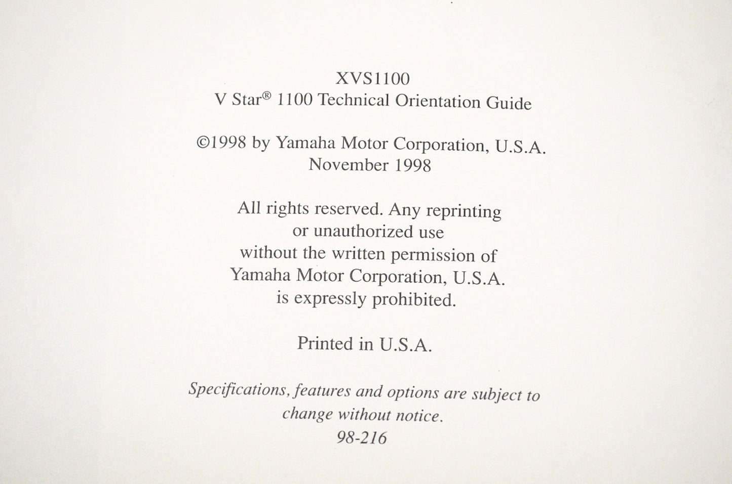 OEM 98-216 Yamaha Technical Orientation Guide XVS1100 NOS