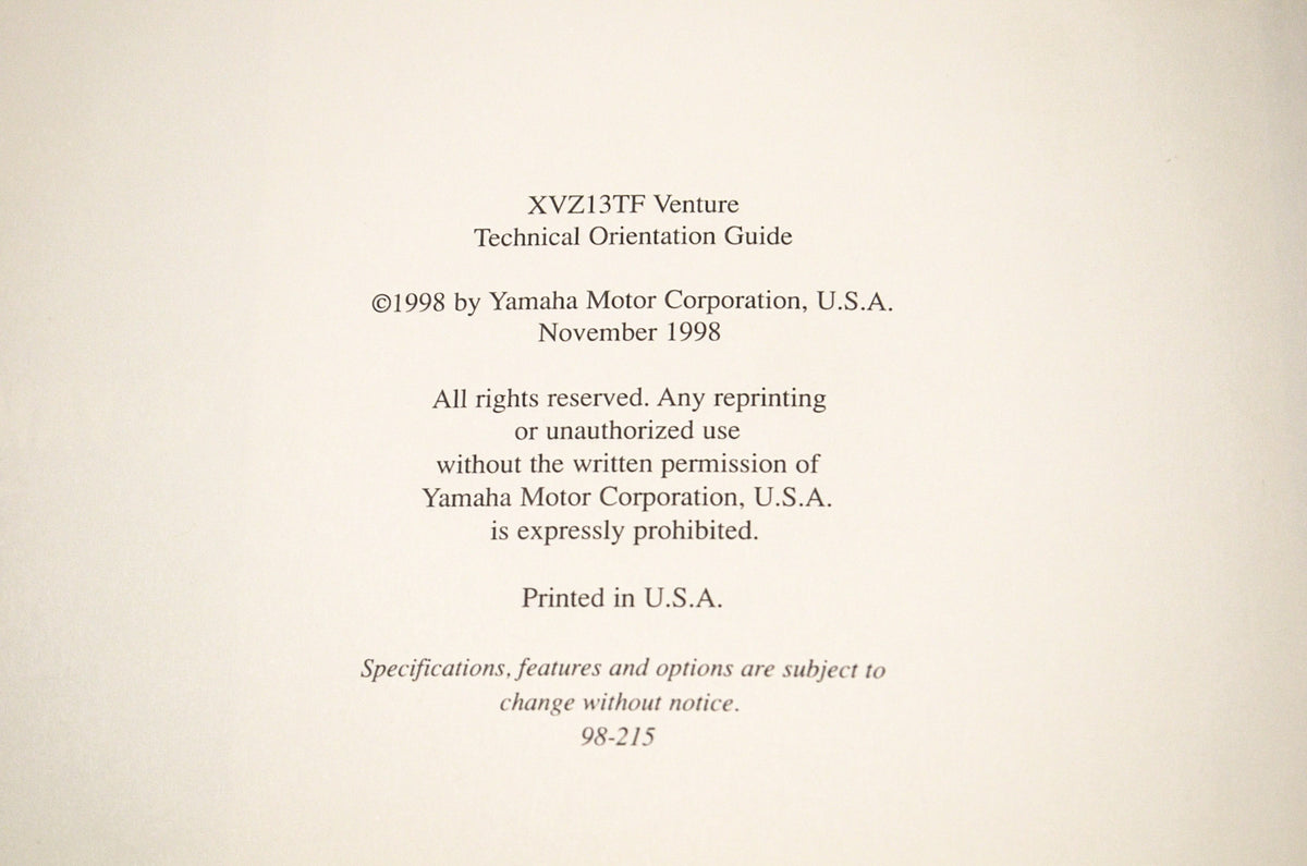 OEM 98-215 Yamaha Technical Orientation Guide XVZ13TF Venture NOS