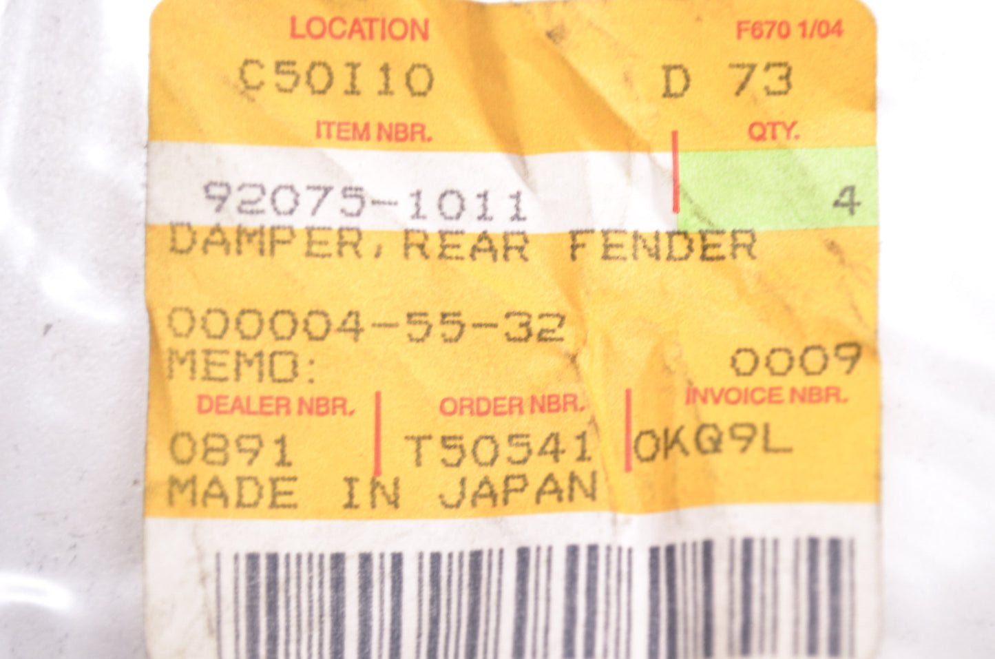 OEM Kawasaki 92075-1011 Rear Fender Damper NOS