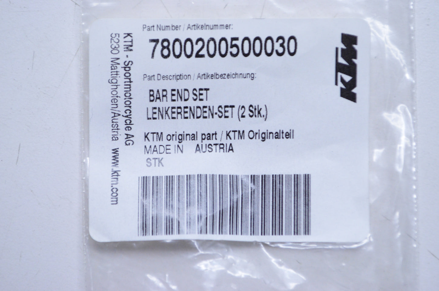 OEM KTM 7800200500030 Bar End Qty 2 NOS