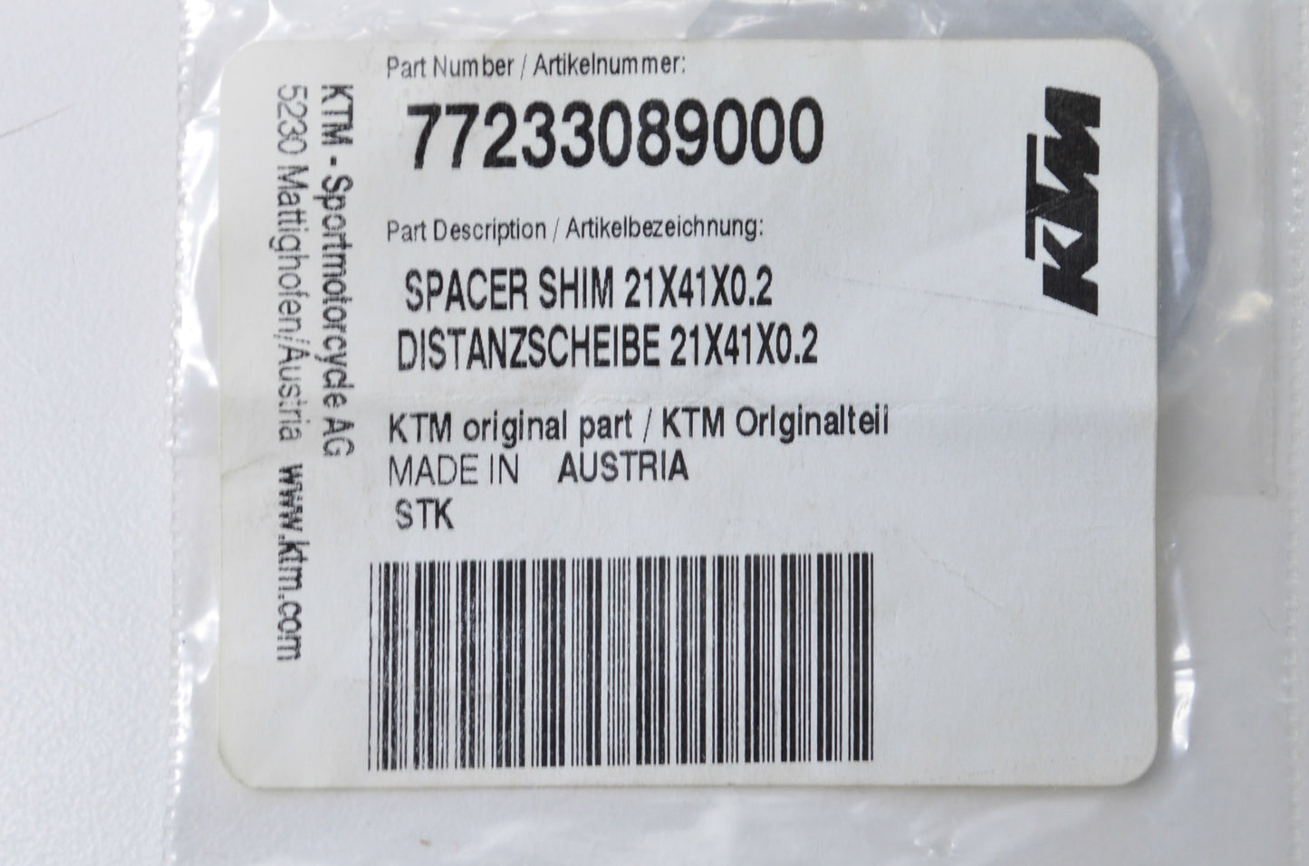 OEM KTM 77233089000 Spacer Shim 21X41X0.2 NOS