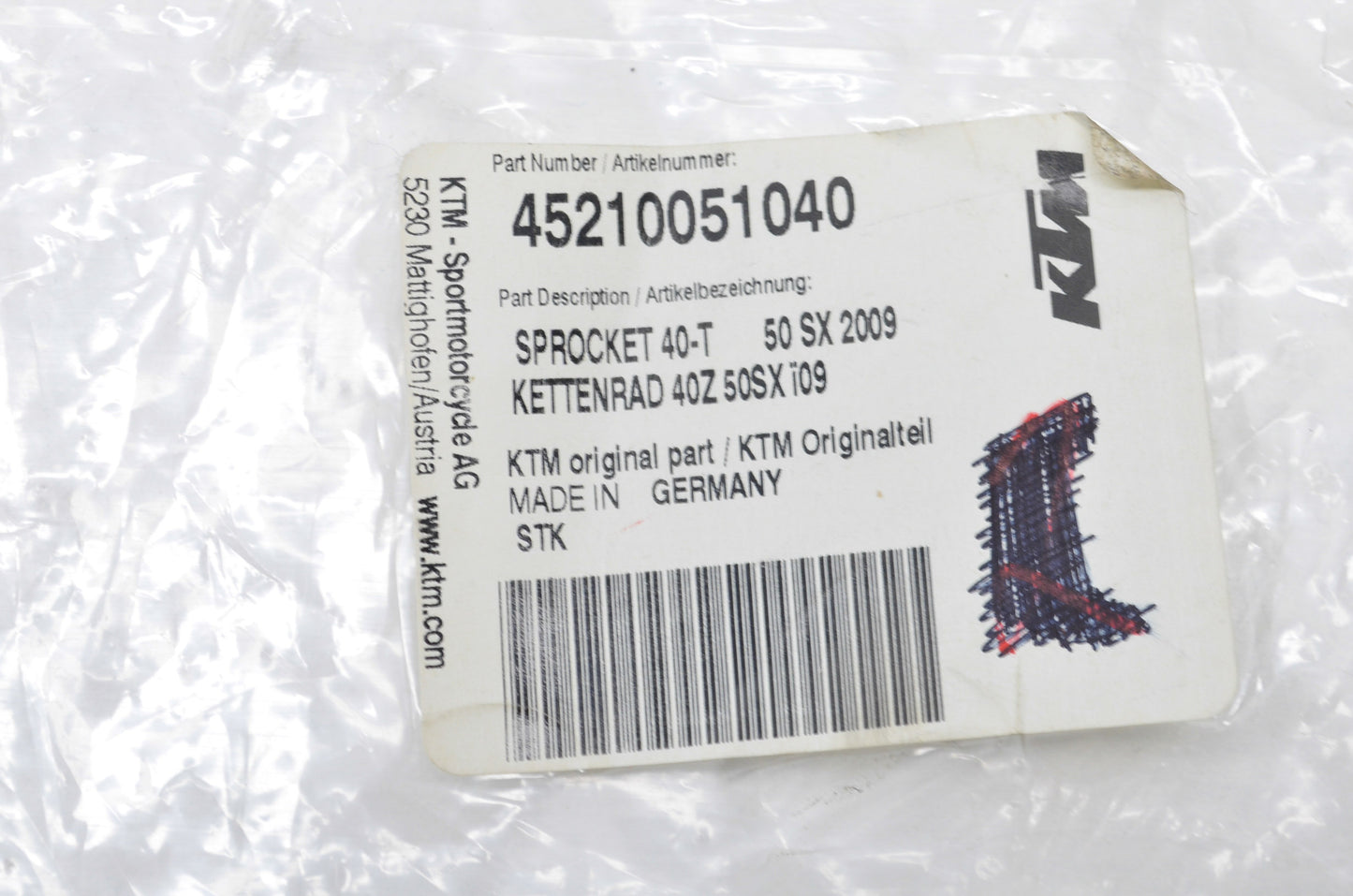 OEM KTM 45210051040 Sprocket 40T NOS