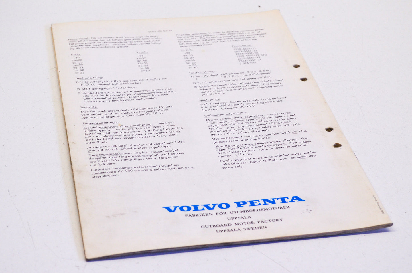 Volvo Penta Type 390 & 391 70 HP 900cc 3-Cyl Parts List
