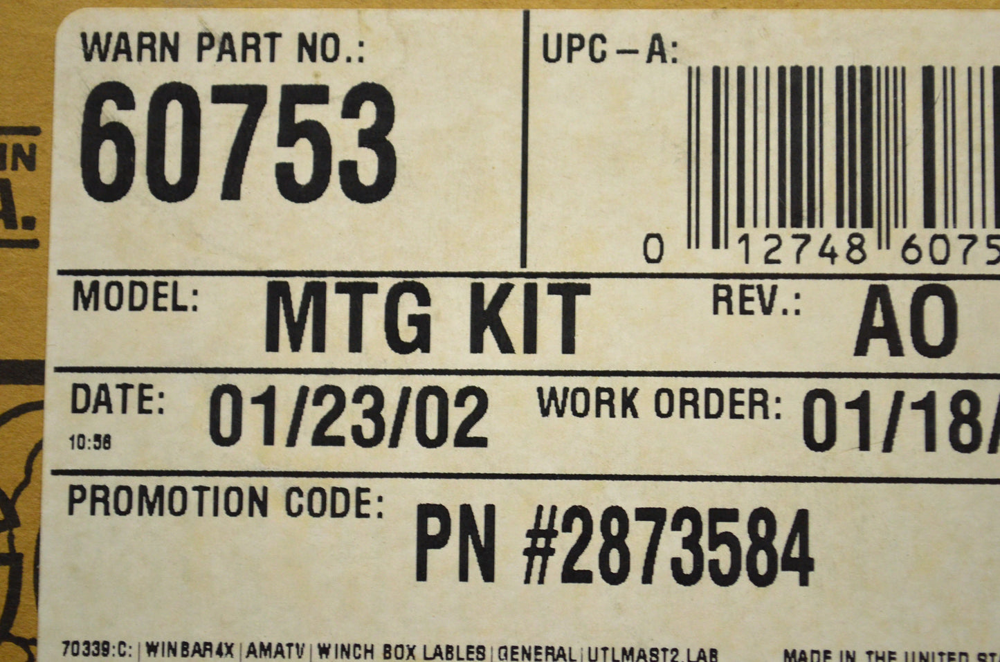 Warn 2873584, 60753 Winch Mounting Kit NOS