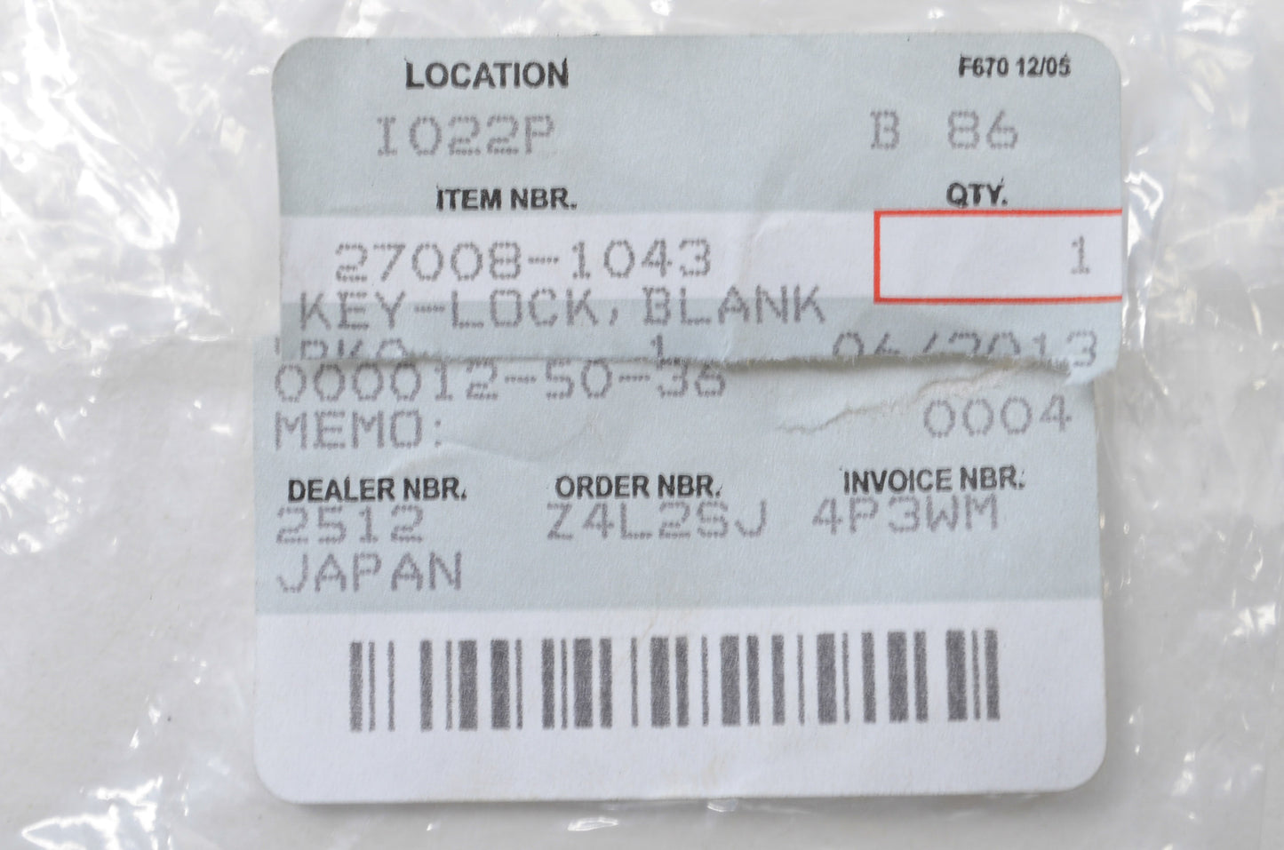 OEM Kawasaki 27008-1043 Blank Lock Key NOS