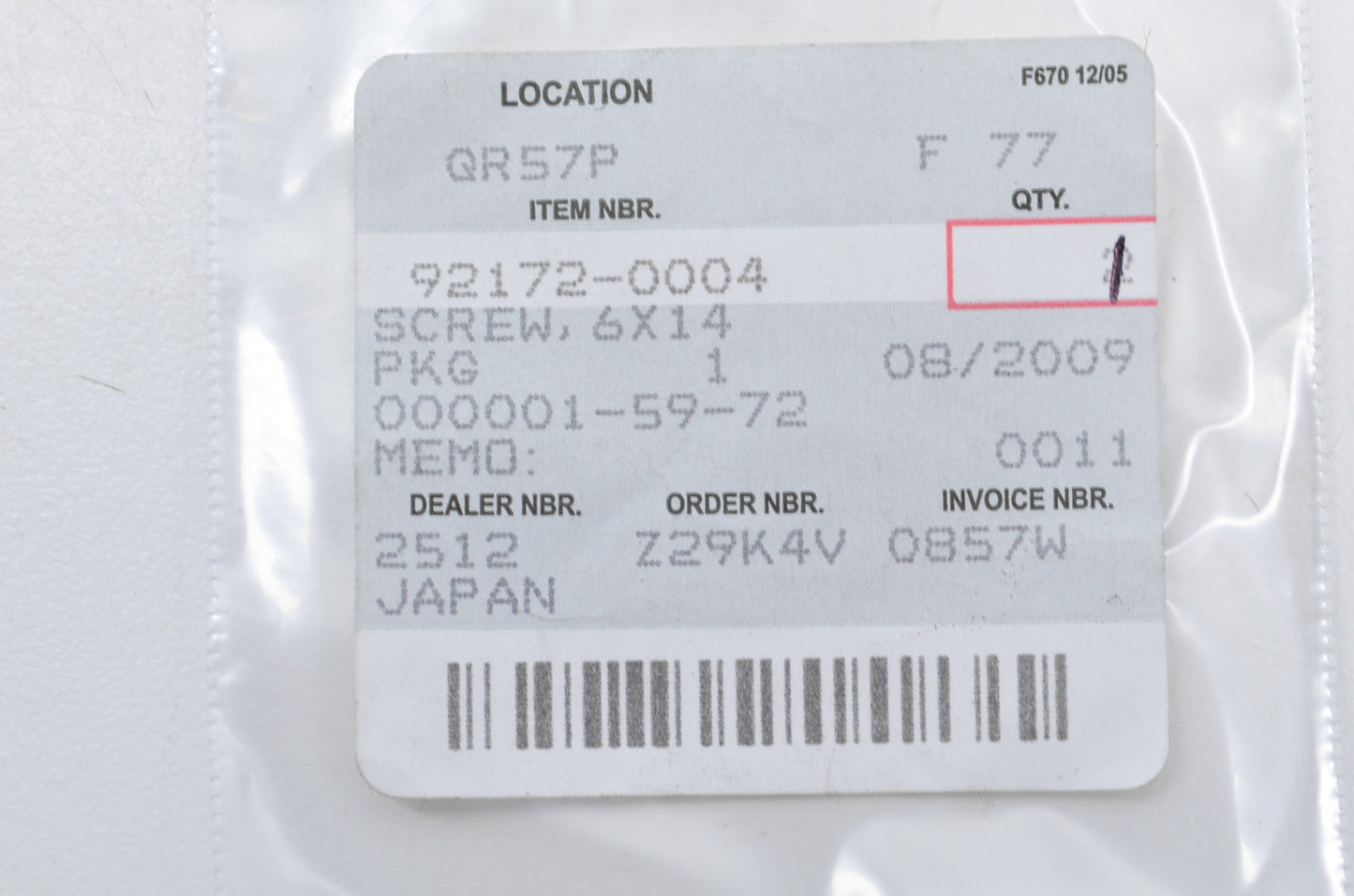 OEM Kawasaki 92172-0004 Screw 6x14 NOS