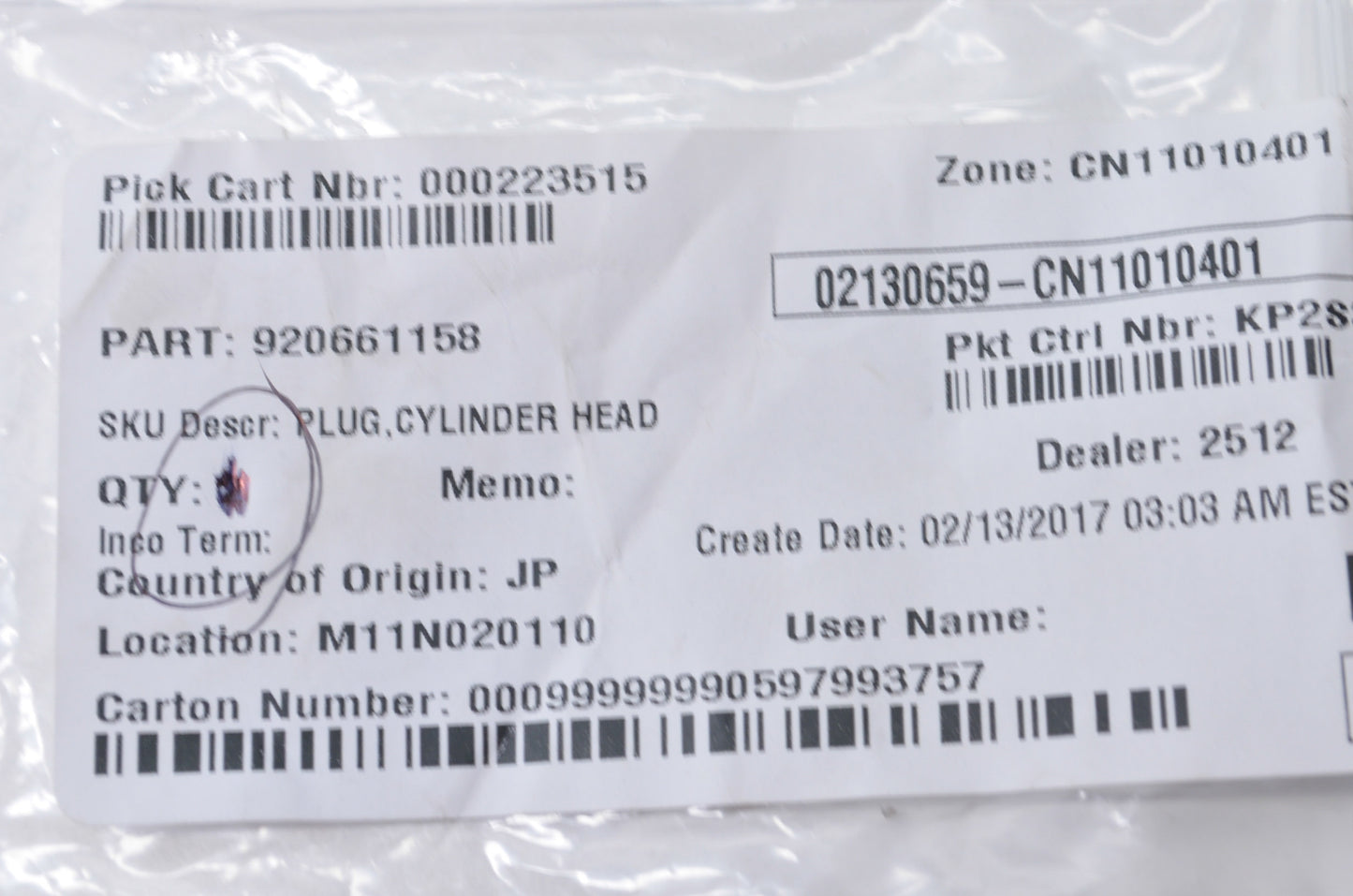 OEM Kawasaki 92066-1158 Cylinder Head Plug NOS