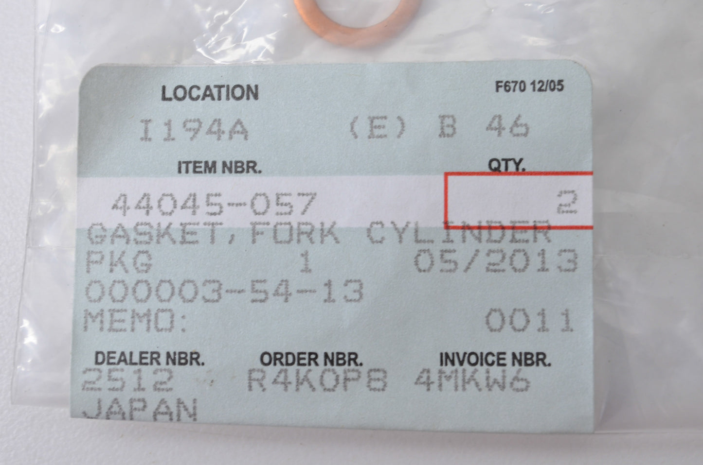 OEM Kawasaki 44045-057 Fork Cylinder Gasket NOS