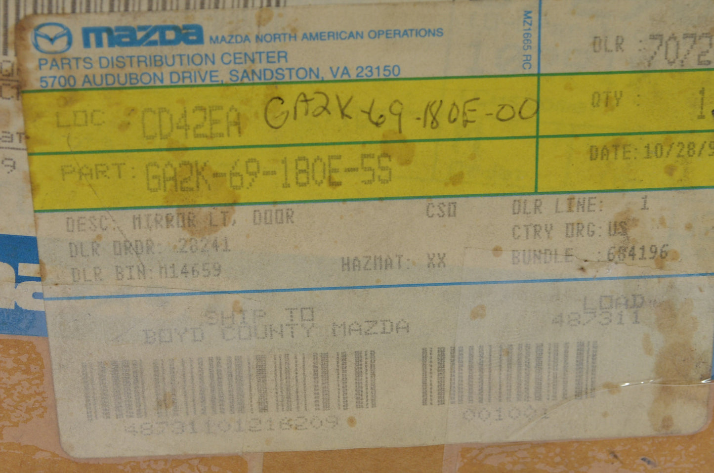 OEM Mazda GA2K-69-180E-5S Left Door Mirror NOS