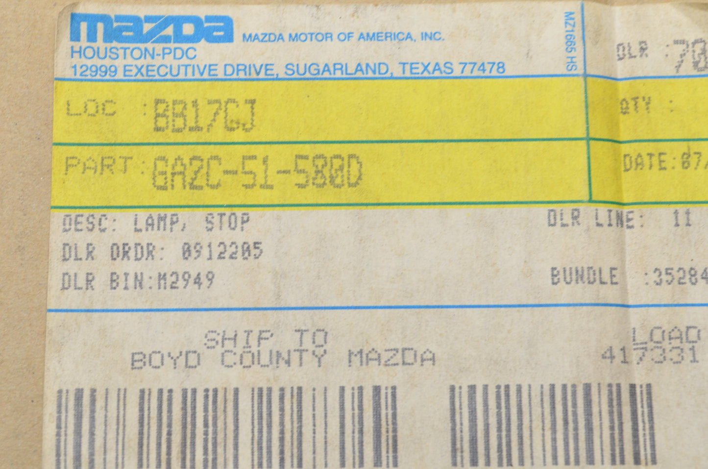 OEM Mazda GA2C-51-580D Stop Lamp NOS