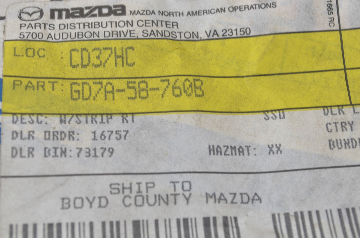 OEM Mazda GD7A-58-760B Door Weather Strip NOS