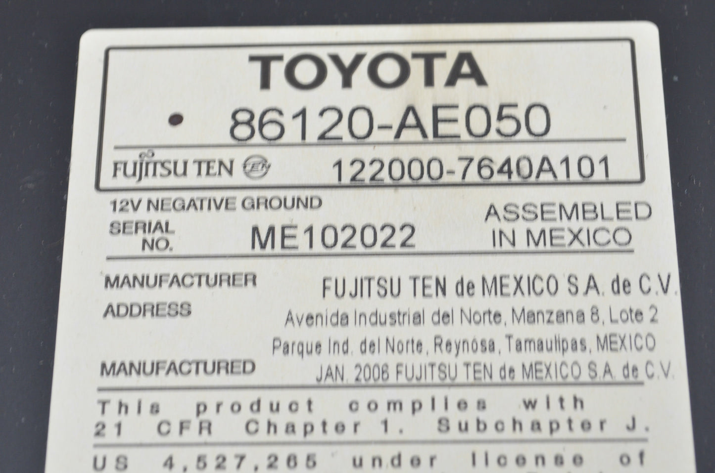 OEM Toyota 86120-AE050 Radio/CD/MP3 Player Assembly NOS