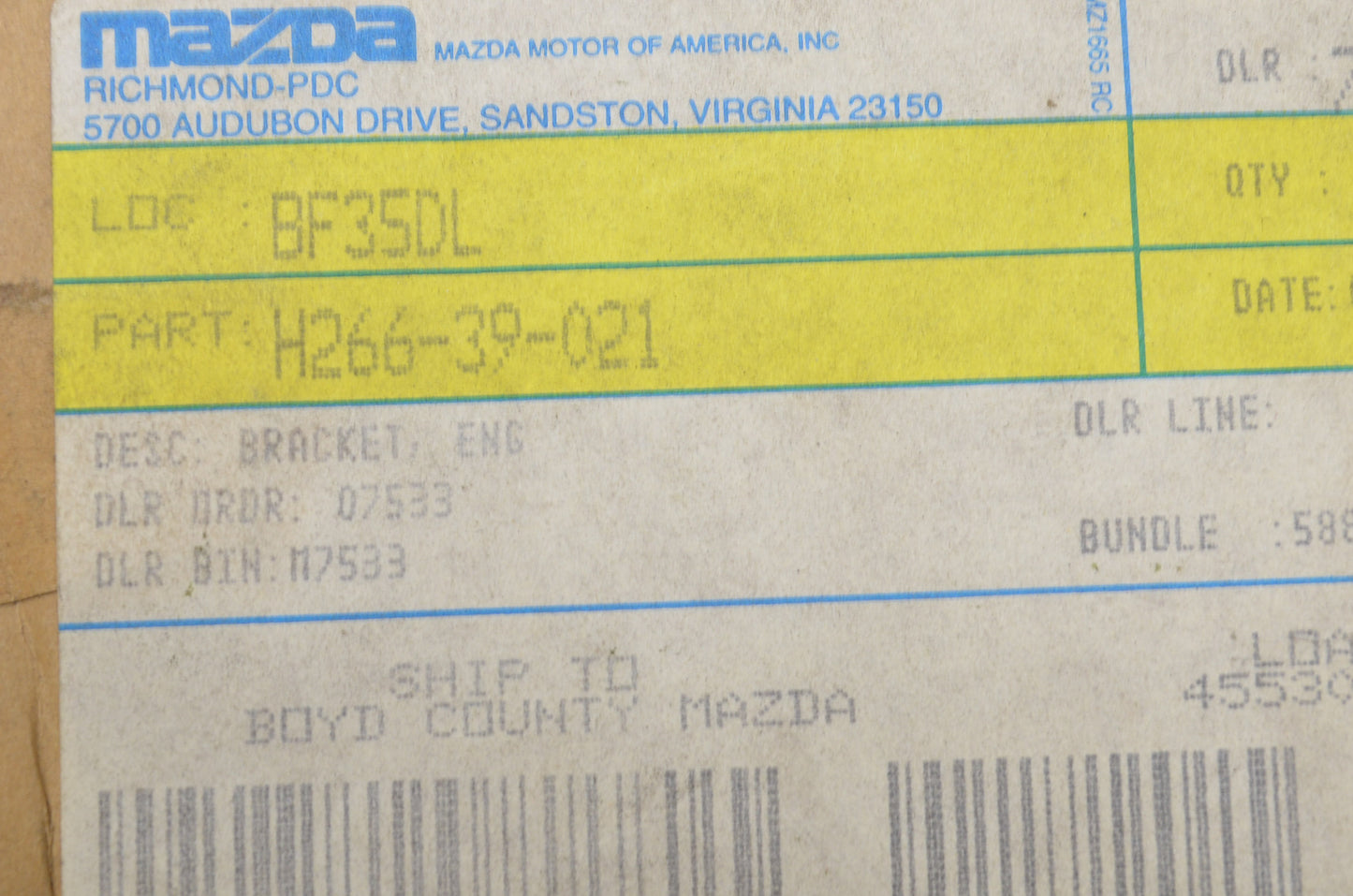 OEM Mazda H266-39-021 Bracket NOS