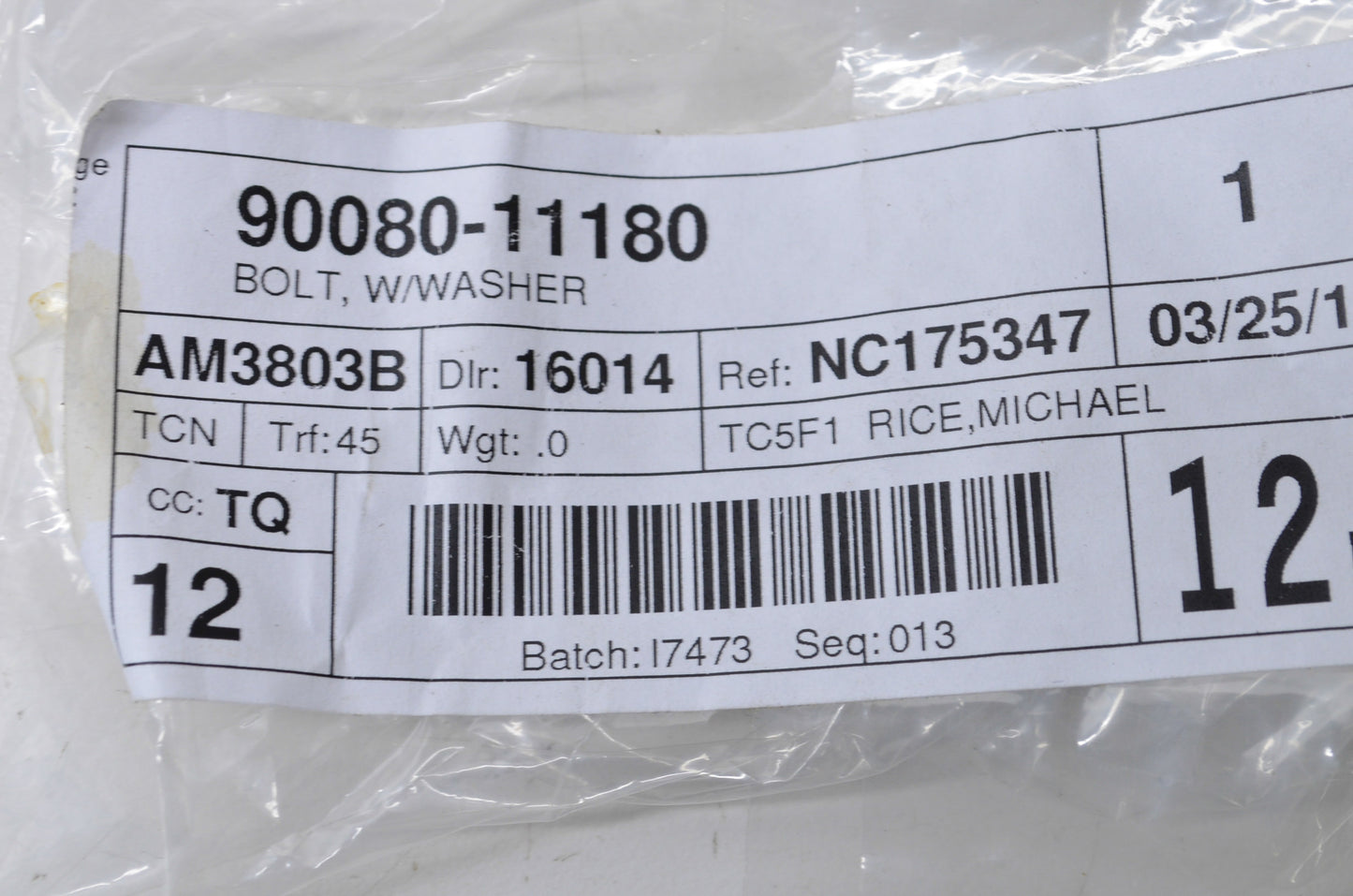 OEM Toyota 90080-11180 Bolt & Washer NOS
